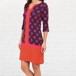 HATLEY Women's Size M Dress Aztec Dress Stretch 3/4 Sleeve Navy Orange Pink